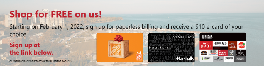 Image announcing the paperless billing campaign with three gift cards featured